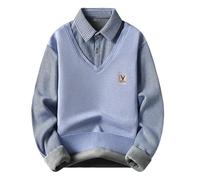 HAOLEI Men's V-Neck Jumper with Mock Shirt Striped Collar Thick Thermal Fleece Lined Jumpers Polos Knitwear Casual Pullover Sweater Tops Long Sleeve Knitted Sweater Business Casual Jumper Blue