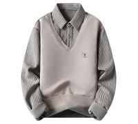 HAOLEI Men's V-Neck Jumper with Mock Shirt Striped Collar Thick Thermal Fleece Lined Jumpers Polos Knitwear Casual Pullover Sweater Tops Long Sleeve Knitted Sweater Business Casual Jumper Beige