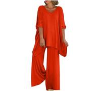 HAOLEI Mother of The Bride Outfits Plus Size,Two Piece Wedding Outfits Guests Elegant 2-Piece Set Cocktail Party Festival Cotton Linen Asymmetric Lagenlook Shirt and High Waist Trouser Suit UK Sale