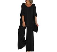 HAOLEI Mother of The Bride Outfits Plus Size,Two Piece Wedding Outfits Guests Elegant 2-Piece Set Cocktail Party Festival Cotton Linen Asymmetric Lagenlook Shirt and High Waist Trouser Suit UK Sale
