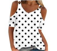 HAOLEI Off the Shoulder Tops for Women uk Summer Polka Dot T Shirt Ladies Short Sleeve V Neck Tee Shirts Elegant Going Out Tunic Tops Chain Strap Casual Print Graphic Loose Fit Summer Blouses