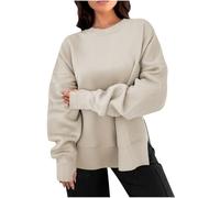 HAOLEI Oversized Sweatshirt Women UK, Ladies Crewneck Solid Color Sweatshirt Side Slit Long Sleeve Pullover Slouchy Loose Fit Tops Y2K Clothes Essentials Hoodie Outlet Jumper Sweater Beige