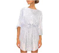 HAOLEI Party Dresses for Women UK Sequin Sparkly Glitter Evening Dress Elegant Round Neck Mini Dress Disco Club Prom Ball Gowns Cocktail Clubwear Wedding Guest Outfit White