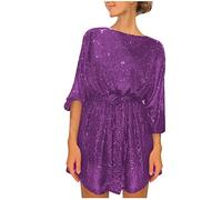 HAOLEI Party Dresses for Women UK Sequin Sparkly Glitter Evening Dress Elegant Round Neck Mini Dress Disco Club Prom Ball Gowns Cocktail Clubwear Wedding Guest Outfit Purple