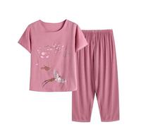 HAOLEI Pjs for Women Sets UK Clearance,Pajamas Set Ladies Comfy Plus Size Pyjamas Set Floral Printed Short Sleeve Lounge Wear Top and Wide Leg Capri Pants Cropped Trousers Sleepwear Plus Size