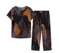 HAOLEI Pjs for Women Sets UK Clearance,Pajamas Set Women Comfy Plus Size 22 Ladies Pyjamas Set Floral Printed Capri Pants Cropped Trousers Soft Sleepwear Short Sleeve Lounge Wear Sets