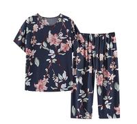 HAOLEI Pjs for Women Sets UK Clearance,Pajamas Set Women Comfy Plus Size Ladies Pyjamas Set Floral Printed Short Sleeve Loungewear Top and Wide Leg Capri Pants Cropped Trousers Soft Sleepwear
