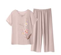 HAOLEI Pjs for Women Sets UK Prime Day,Lounge Wear Sets Summer Ladies Floral Print Tracksuits Full Set Crew Neck Loose Italian Lagenlook Short Sleeve Tops and Elastic Waist Trousers 2 Piece Outfits