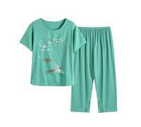 HAOLEI Pjs for Women Sets UK Sale Clearance,Pajamas Set Ladies Comfy Plus Size Pyjamas Set Floral Printed Short Sleeve Lounge Wear Top and Wide Leg Capri Pants Cropped Trousers Sleepwear Plus Size