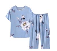 HAOLEI Pjs for Women Sets UK Sale Clearance,Pajamas Set Women Comfy Plus Size Ladies Pyjamas Set Floral Printed Short Sleeve Loungewear Top and Wide Leg Capri Pants Cropped Trousers Soft Sleepwear