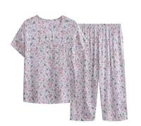 HAOLEI Pjs for Women Sets UK Sale Clearance,Pajamas Set Women Comfy Plus Size Ladies Pyjamas Set Floral Printed Short Sleeve Loungewear Top and Wide Leg Capri Pants Cropped Trousers Soft Sleepwear