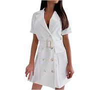 HAOLEI Plain Blazer Dress for Women UK Short Sleeve Belted Cardigan Blazers Notched Long Sleeve Double Breasted Work Office Wedding Guests Formal Longline Suit Jackets Ladies White