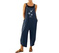 HAOLEI Playsuits for Women UK Sale Sleeveless Cotton Linen Dungarees Vintage Dandelion Print Ethnic Bohemia Casual Summer Baggy Suspender Bib Overalls Rompers Wide Leg Pants Trousers Jumpsuit Ladies