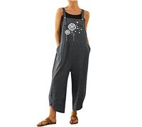 HAOLEI Playsuits for Women UK Sale Sleeveless Cotton Linen Dungarees Vintage Dandelion Print Ethnic Bohemia Casual Summer Baggy Suspender Bib Overalls Rompers Wide Leg Pants Trousers Jumpsuit Ladies