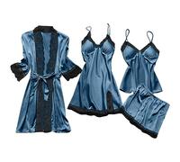 HAOLEI Pyjamas for Women 4 Pcs Glossy Satin Pyjama Set Sexy Lingerie Silk Kimono Robe Cami Vest Shorts Nightdress Set Ladies Casual Loose Fit Pajamas Suit Sleepwear Loungewear Pjs Set Clearance