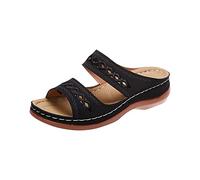 HAOLEI Sandals for Women Sale Clearnce Orthopedic Sandals Summer Comfy Slippers Flat Leather Sliders Low Wedge Open Toe Breathable Casual Floral Shoes for Outdoor Indoor Hiking Walking 05 Black 5 UK