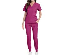 HAOLEI Scrub Sets Women UK Clearance,Uniform Beauty Healthcare Spa Salon Scrub Tops and Pants Durable V Neck Short Sleeve Top Work Clothing 2 Pieces Outfits Size 8-16