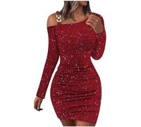 HAOLEI Sequin Bodycon Dress for Women - Off Shoulder Long Sleeve Party Mini - Elegant Bridesmaid Sparkly Glitter Wrap Evening Prom - Wine