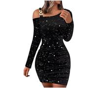 HAOLEI Sequin Bodycon Dress for Women UK Off Shoulder Long Sleeve Party Mini Dress Ladies Elegant Bridesmaid Dress Sparkly Glitter Wrap Evening Prom Dresses Black