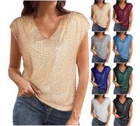 HAOLEI Sequin Tops for Women UK Clearance Elegant V Neck Shimmer Glitter Shirts Cap Sleeve Sparkle Tops Tshirts Loose Fit Tee Shirt Party Club Casual Soft Comfy Tunic Top Ladies Blouse