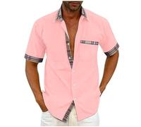 HAOLEI Short Sleeved Shirts for Men Color Block Button Down Casual Shirt Regular Fit Business Formal Dress Shirts Lightweight Turn-Down Collar Tops Summer Beach Shirts Tops with Pocket M-5XL Pink