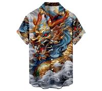 HAOLEI Short Sleeved Shirts for Men UK Clearance Chinese Dragon Print Casual Shirts Summer Lightweight Regular Fit Turn-Down Collar Tops Button Down Hawaiian Vacation Shirt for Beach S-4XL