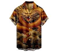 HAOLEI Short Sleeved Shirts for Men UK Clearance Chinese Dragon Print Casual Shirts Summer Lightweight Regular Fit Turn-Down Collar Tops Button Down Hawaiian Vacation Shirt for Beach S-4XL