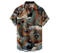 HAOLEI Short Sleeved Shirts for Men UK Sale Clearance Chinese Dragon Print Casual Shirts Summer Lightweight Regular Fit Turn-Down Collar Tops Button Down Hawaiian Vacation Shirt for Beach S-4XL