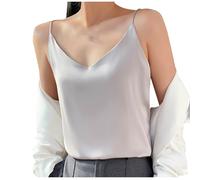 HAOLEI Silk Camisoles for Women UK Sale Soft V Neck Vest Top Loose Fit Summer Satin Tank Tops Sleeveless T-Shirt Dressy Blouse Spaghetti Strap Underwear Ladies Cami Shirt Sale Clearance S-3XL