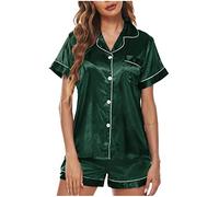 HAOLEI Silk Pyjamas Set Women Short Sleeve Sleepwear Soft Satin Pjs Button Down Loungewear 2 Piece Pjs Shorts Set Solid Color Nightwear Ladies Comfortable Pajamas UK Sale Clearance