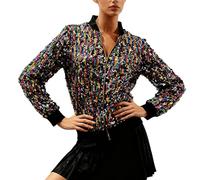 HAOLEI Sparkly Bomber Jacket Womens Shimmer Glitter Zip Up Sequin Jackets Color Block Long Sleeve Slim Fit Shiny Work Jumpers Fall Outfits Evening Party Disco Biker Festival Club Tops Ladies