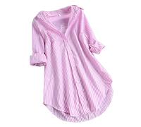 HAOLEI Striped Shirts for Women UK,Red and White Striped Button up Shirts Cuffed Sleeves Loose Fit Blouse Roll Up V Neck Casual Summer Tee Tops Ladies Tunic Blouses for Work Office Plus Size 20-22