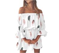 HAOLEI Summer Dresses for Women UK Petite Sexy Off Shoulder Mini Dress Elegant Floral Puff Short Sleeve Frill Party A Line Flowy Dress Strapless Ladies Short Skirt Dress Sale Clearance White