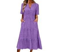 HAOLEI Summer Dresses for Women UK Plus Size - Ladies Midi Dress with Pockets Elegant Casual Short Sleeve Jacquard V Neck Smocked Waist Tiered Dress Flowy A Line Holiday Dresses Purple