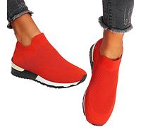 HAOLEI Summer Trainers for Women Slip on Walking Shoes Mesh Sneakers Stretch Breathable Comfy Feet Athletic Sport Gym Running Shoes, Red, 6 UK