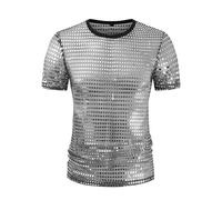 HAOLEI T Shirts for Men UK Summer Sequins Tshirt Slim Short Sleeve T-Shirt Round Neck Basic Tees 70s Disco Nightclub Party T-Shirts Regular Fit Shirts Comfortable Dance Tops Gold and Silver