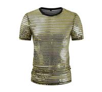 HAOLEI T Shirts for Men UK Summer Sequins Tshirt Slim Short Sleeve T-Shirt Round Neck Basic Tees 70s Disco Nightclub Party T-Shirts Regular Fit Shirts Comfortable Dance Tops Gold and Silver