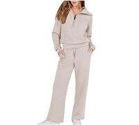 HAOLEI Tracksuit Women Full Set UK Half Zip 2 Piece Outfit Sets Plain Long Sleeve Sweatshirt and Jogging Bottoms Casual Loose Lapel Co Ord Set Sweat Suit Aesthetic Yoga Gym Tracksuits Plus Size 20