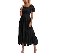 HAOLEI Tulle Wedding Guest Dresses for Women UK Elegant Short Sleeve Maxi Dress Ladies Summer Pleated Prom Dress Smocked Square Neck Ruffle Tiered A-Line Flowy Party Wedding Guest Sundress UK Sale