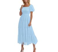 HAOLEI Tulle Wedding Guest Dresses for Women UK Elegant Short Sleeve Maxi Dress Ladies Summer Pleated Prom Dress Smocked Square Neck Ruffle Tiered A-Line Flowy Party Wedding Guest Sundress UK Sale