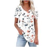 HAOLEI Tunic Tops for Women UK Clearance Elegant Tie Dye Pattern Dressy Top Summer Pleated T-Shirt V-Neck Short Sleeve Tee Shirts Cute Vintage Going Out Blouse Longline Tops for Leggings