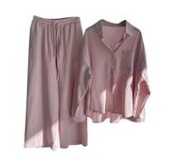 HAOLEI Two Piece Linen Outfit Women UK Plus Size 22,Ladies Linen Co Ord Set Summer Long Sleeve Button Shirts Wide Leg Trousers Lounge Wear Beach Suit Tracksuits for Going Out Holiday