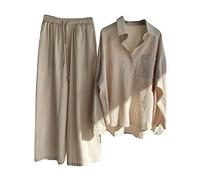 HAOLEI Two Piece Linen Outfit Women UK Plus Size 22,Ladies Linen Co Ord Set Summer Long Sleeve Button Shirts Wide Leg Trousers Lounge Wear Beach Suit Tracksuits for Going Out Holiday