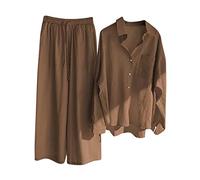 HAOLEI Two Piece Linen Outfit Women UK Plus Size 22,Ladies Linen Co Ord Set Summer Long Sleeve Button Shirts Wide Leg Trousers Lounge Wear Beach Suit Tracksuits for Going Out Holiday