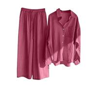 HAOLEI Two Piece Linen Outfit Women UK Plus Size 22,Ladies Linen Co Ord Set Summer Long Sleeve Button Shirts Wide Leg Trousers Lounge Wear Beach Suit Tracksuits for Going Out Holiday