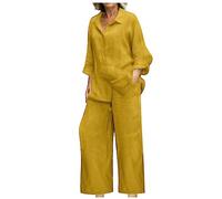 HAOLEI Two Piece Linen Outfit Women UK Plus Size 22 Linen Co Ord Set Summer Long Sleeve Button Shirts Wide Leg Trousers Lounge Wear Beach Suit Ladies Tracksuits for Going Out Holiday