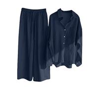 HAOLEI Two Piece Linen Outfit Women UK Sale Plus Size 22,Ladies Linen Co Ord Set Summer Long Sleeve Button Shirts Wide Leg Trousers Lounge Wear Beach Suit Tracksuits for Going Out Holiday Clearance