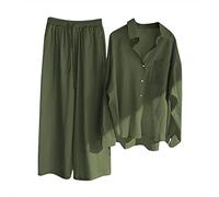 HAOLEI Two Piece Linen Outfit Women UK Sale Plus Size 22,Ladies Linen Co Ord Set Summer Long Sleeve Button Shirts Wide Leg Trousers Lounge Wear Beach Suit Tracksuits for Going Out Holiday Clearance