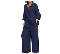 HAOLEI Two Piece Linen Outfit Women UK Sale Plus Size 22 Linen Co Ord Set Summer Long Sleeve Button Shirts Wide Leg Trousers Lounge Wear Beach Suit Ladies Tracksuits for Going Out Holiday Clearance