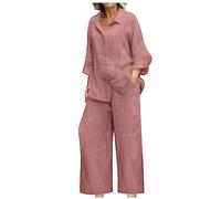 HAOLEI Two Piece Linen Outfit Women UK Sale Plus Size 22 Linen Co Ord Set Summer Long Sleeve Button Shirts Wide Leg Trousers Lounge Wear Beach Suit Ladies Tracksuits for Going Out Holiday Clearance